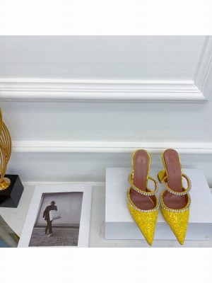 AMINA MUADDI HEEL 9.5CM GILDA POINTED TOE MULES GLITTER YELLOW 2021 Collection