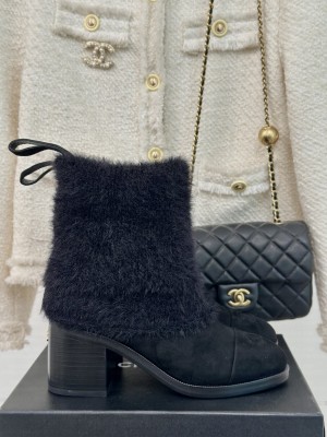 Chanel Knit Foldover & Suede Ankle Boots Black 2024 