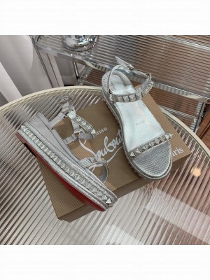 Christian Louboutin Pyraclou Espadrilles Wedge Sandals 6cm Silver 2023