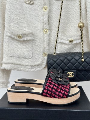 Chanel Calfskin Heel Slides Sandal 4cm with Camellia Bloom 016