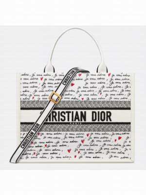 Dioramour Medium Dior Book Tote White Embroidery with Black and Red Je Vous Adore Motif and White Calfskin M1324CZBX