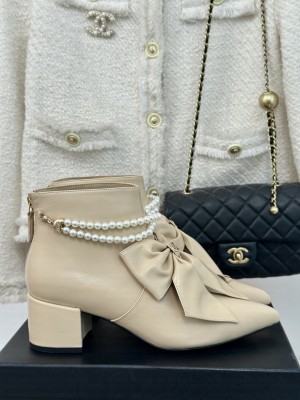Chanel Calfskin 5.5cm with Maxi Bow and Pearls Ankle Boots Beige