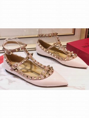 Valentino Rockstud Caged Ankle Strap Ballet Flats Ballerinas in Patent Leather Light Pink
