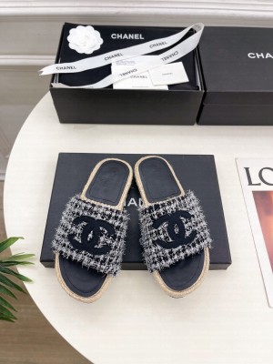 Chanel Tweed CC Logo Espadrilles Slide Mules Grey 2025