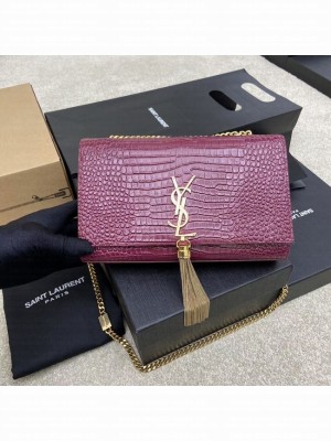 YSL KATE MEDIUM WITH TASSEL IN CROCODILE-EMBOSSED SHINY LEATHER 377829 Burgundy