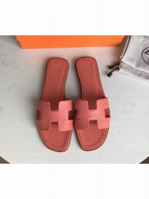 Hermes Oran Flat slippers in epsom leather lobster pink with brown piping