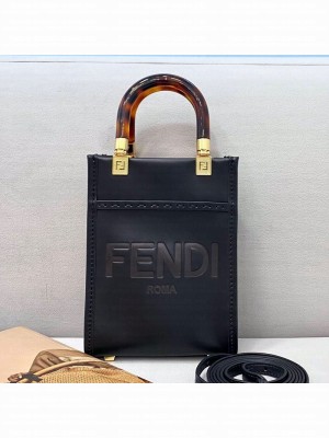 Fendi Sunshine Leather Mini Shopper Tote Bag Black  2021 Collection