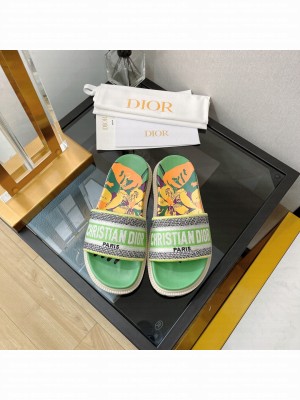 Dior Dway Flat Slide Sandals in Green Multicolor D-Flower Pop Cotton Embroidery 2022 Collection
