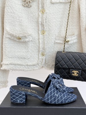 Chanel Quilted Denim Heel Slides Sandal 5cm with Camellia Navy 2025