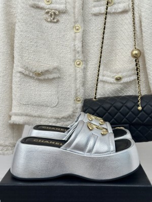 Chanel Gold CC 7CM Platform Mules Leather Silver 2024 Silver
