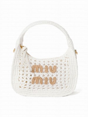 Miumiu Wander Woven Fabric Hobo Bag 5BC125 White