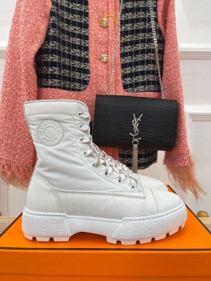 HERMES FRESH ANKLE BOOTS IN CALFSKIN AND LIGHT PARACHUTE FABRIC WHITE