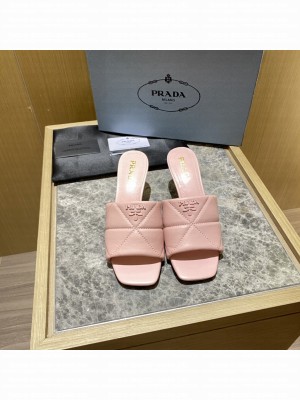 Prada Quilted leather 65 mm varnished heel slides sandals Mule 2022 Collection,Pink
