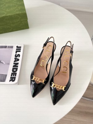 Gucci Women's Patent leather with Chain 75mm Sling-back Pumps Black 2021 Collection
