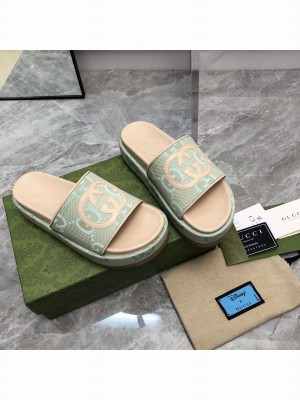 Gucci Jumbo GG Canvas Platform 5cm Slide Sandals with Interlocking G 2023 09