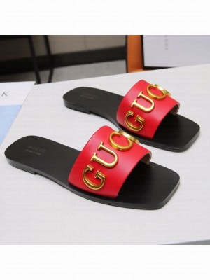 Gucci Gold Signature Calfskin Slide Sandals Red 2021 (For Women and Men) Collection