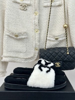 Chanel Women's CC Logo Shearling Fur Moccasins Slide Black/White 2024