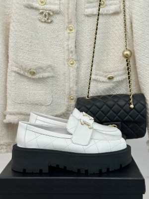 Chanel Quilted Lambskin Platform Moccasins Loafers White 2024