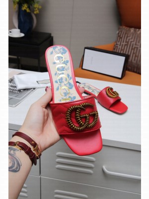 Gucci Calfskin Flat Slide Sandals with Aged Gold GG Red 2021 Collection