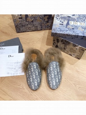 DIOR OFF MULE Multicolor Embroidered Cotton Fur Flat Slippers 07