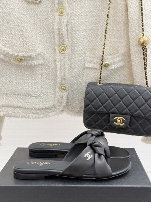 Chanel Lambskin Flat Thong Slide Sandals with Bow black 2025