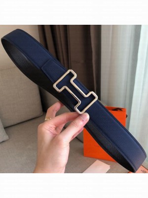 Hermes Tonight Reversible Leather Buckle Belt 38mm Blue/Black/Silver 2019 Collection