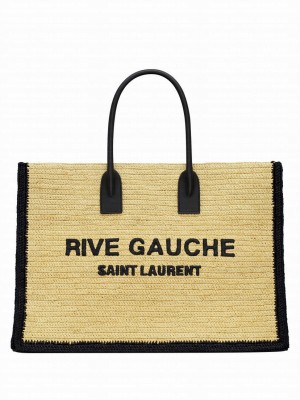 Saint Laurent Rive Gauche Tote Bag In Raffia And Leather Apricot