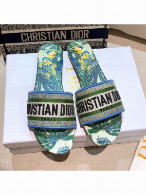Dior Dway Flat Slide Sandals in Green Embroidered Cotton Spring/Summer 2021 Collection 48