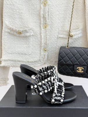 Chanel Tweed & Pearls Heel Slides Sandal 9cm with Bow Black 2025