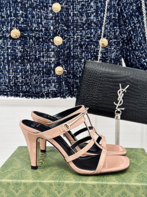 Gucci Slim Horsebit Leather Heel Slide Sandals Light Pink