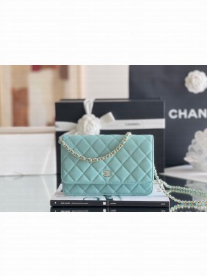Chanel Grained Calfskin Classic Wallet on Chain WOC Tiffany Blue/Light Gold 2024 Top Quality