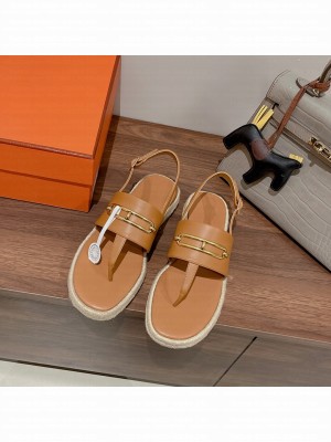 Hermes Eloise Thong Flat Sandals Espadrilles Brown