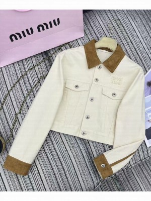 Miumiu Women's Denim And Leather Short Jacket Cream