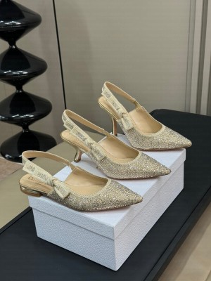 Dior J'Adior Slingback 6.5cm/9.5cm Pump & Flat Embroidered Cotton and Gold Resin Pearls 