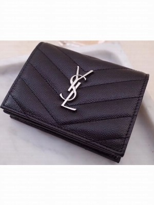 Saint Laurent Monogram Card Case in Grained Embossed Leather 530841 Black/Silver