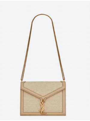 SAINT LAURENT CASSANDRA MEDIUM CHAIN BAG IN CANVAS AND BOX SAINT LAURENT LEATHER 532750 BEIGE ET SEA SALT