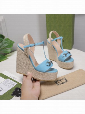 Gucci Calfskin 13cm Blue Espadrilles Wedge Sandals 2021 Collection