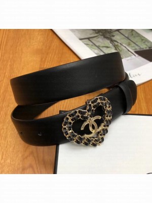 Chanel Width 3cm Calfskin Belt With Gold Heart Buckle Black 2020 Collection