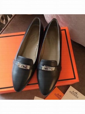 Hermes Kelly Calfskin Flat Loafers Black  Collection
