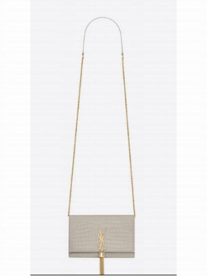 Yves Saint Laurent KATE CHAIN WALLET WITH TASSEL IN CROCODILE-EMBOSSED SHINY LEATHER 452159 WHITE