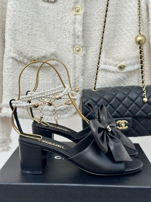 Chanel Lambskin Heel Sandals 6cm with Maxi Bow and Pearls Balck 2024 G45813