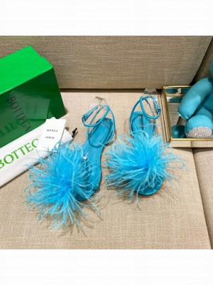 Bottega Veneta FEATHER DOT Leather and ostrich feather flat sandals Turquoise Blue 2021 Collection