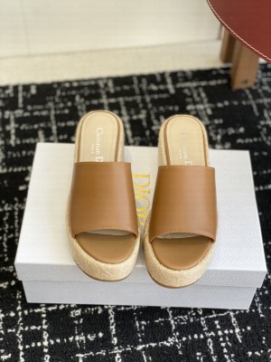 Dior L'Amazone Wedge Slide brown Calfskin and Beige Graphic Cannage Raffia