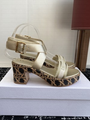 Dior Dway Heeled Sandal Natural Raffia, Gold Embroidered Cotton and Calfskin