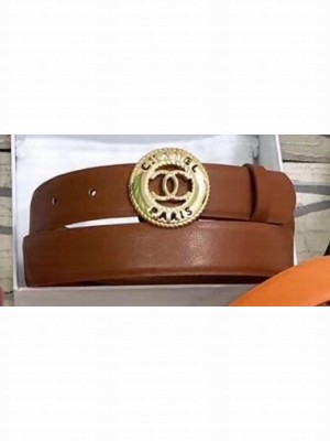 Chanel Width 3cm CC Logo Round Buckle Leather Belt Brown