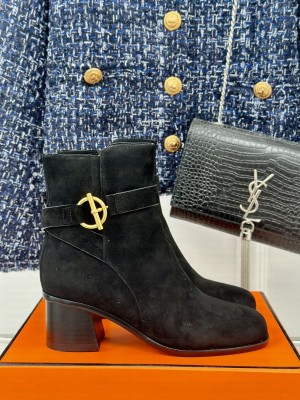 Hermes Jill 60 ankle boot in suede calfskin golden Glenan buckle black