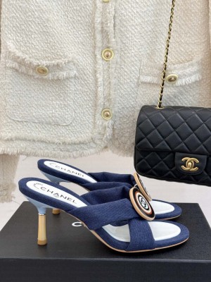Chanel Navy blue 7.5cm Fabric CC Slide Sandals
