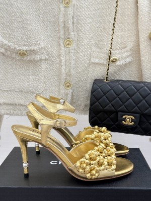Chanel Lambskin Heel slingbacks Sandal 8cm with Camellia Bloom gold 2025