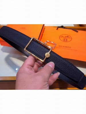 Hermes Width 3.2cm Oscar Buckle Reversible Leather Belt Navy Blue/Gold