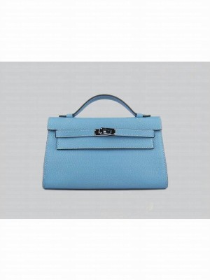 HERMES KELLY 22 CALFSKIN LEATHER CLUTCH BAG IN LIGHT BLUE 
